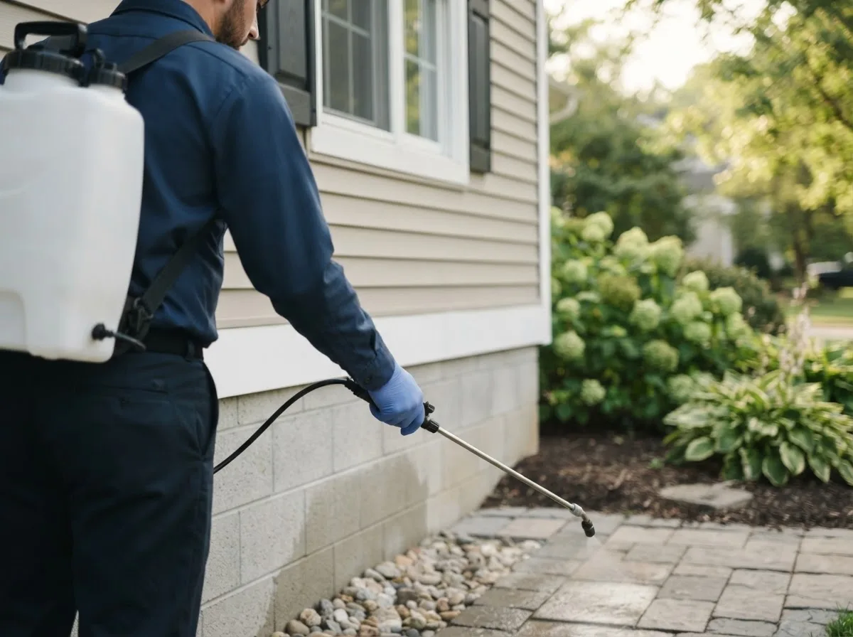 Pest control technician inspecting a home in Hogansburg, NY